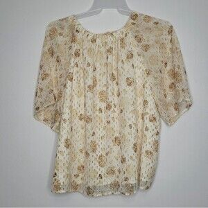 LOFT gold tan shell print partial open back casual beachy blouse size xxl NWT
